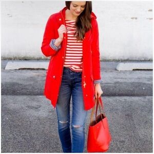J Crew - Chateau Trench Coat | Sunset Red with Blue Gingham Lining | Size 2
